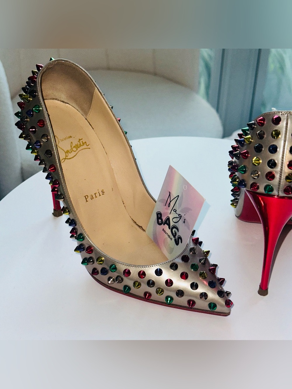 Louboutin: Multicolor Follies Spikes 100 Beige Specchio Studded Heels *RARE* - Picture 15 of 17